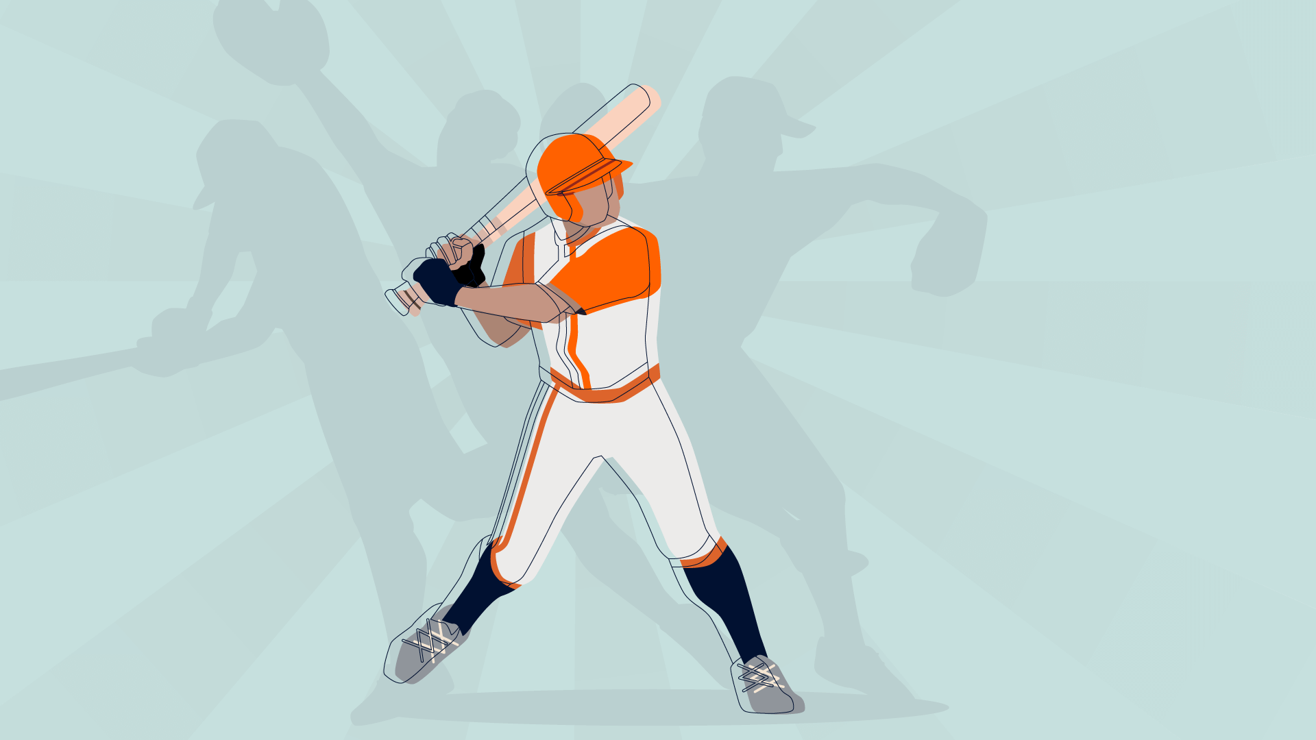 Illustration of a baseball player in an orange and white uniform, poised to swing—a nod to America's beloved pastime. Shadows of a pitcher and another batter linger in the background, evoking baseball's rich history. The light teal backdrop features radiating lines.