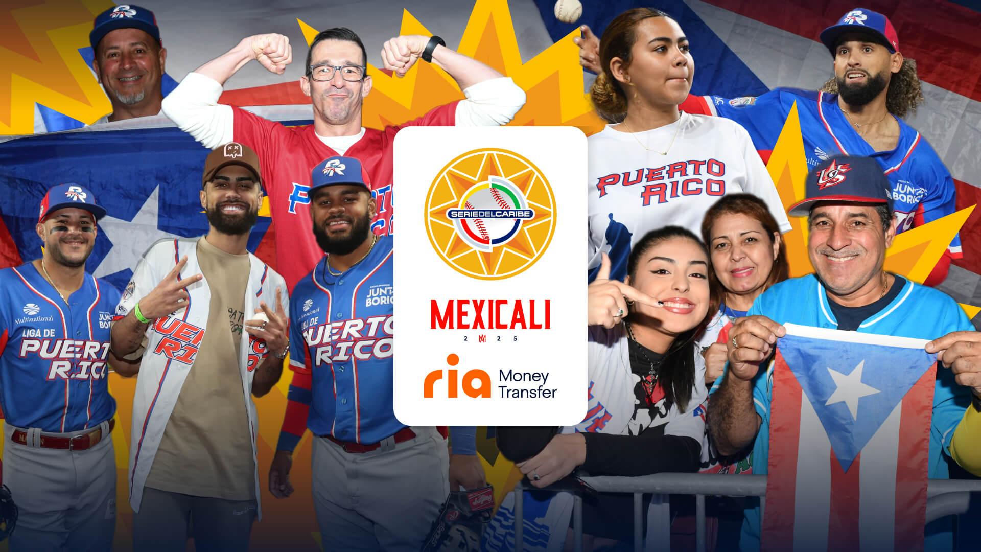A group of people wearing Puerto Rico baseball jerseys and hats are gathered, smiling and making celebratory gestures, showcasing the lively spirit of baseball in Puerto Rico. The background features a large Puerto Rican flag alongside a "Serie del Caribe" logo with "Mexicali 2023" in the center.