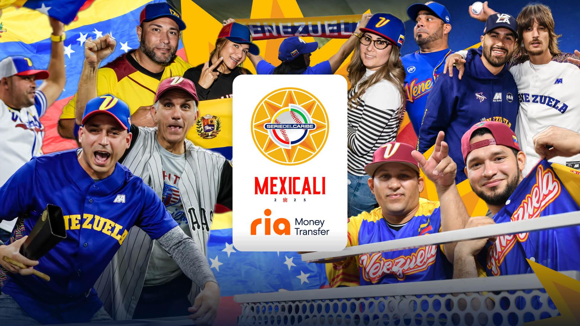A group of people in Venezuela-themed apparel and hats cheer energetically, celebrating the spirit of baseball in Venezuela. The central design features the "Mexicali 2023" logo and "Ria Money Transfer" text, framed by flags and baseball-themed elements.
