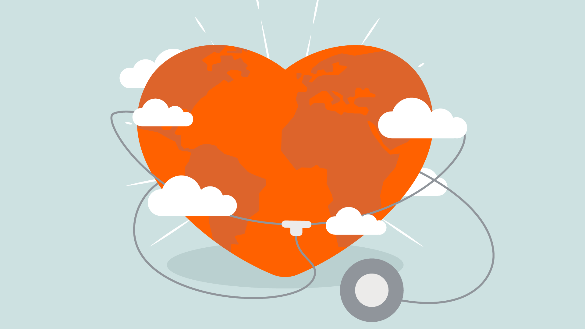 Illustration of an orange heart shaped like Earth with continents, surrounded by clouds. A stethoscope is wrapped around it, symbolizing global health and care. The background is light blue.