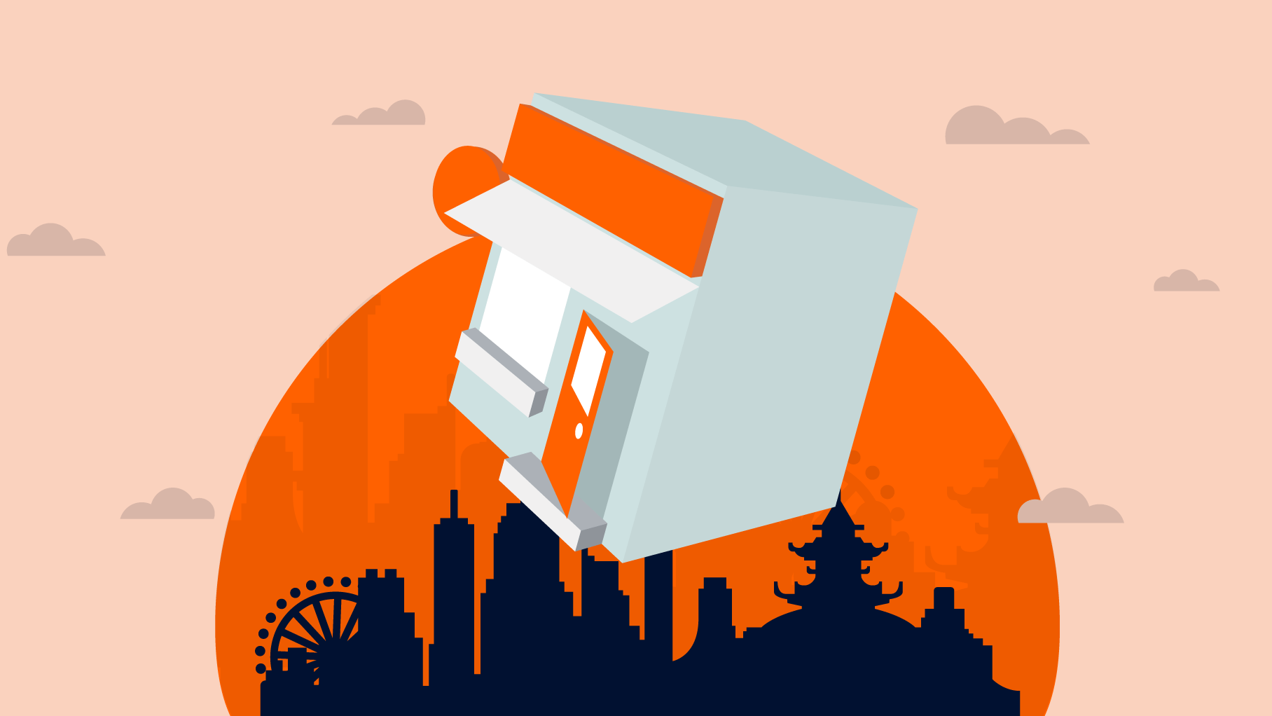 A stylized ATM machine floats above an orange circle featuring a dark city skyline with a Ferris wheel and pagoda, symbolizing global connections like Ria's acquisition of Kyodai, set against a light background with scattered clouds.