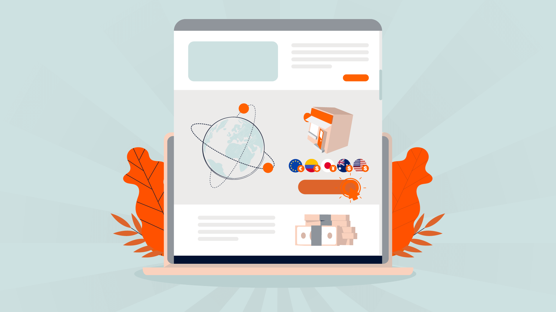Illustration of a web page featuring a globe with orbiting icons, a package, international flags, and stacks of boxes, with orange leaves in the background.