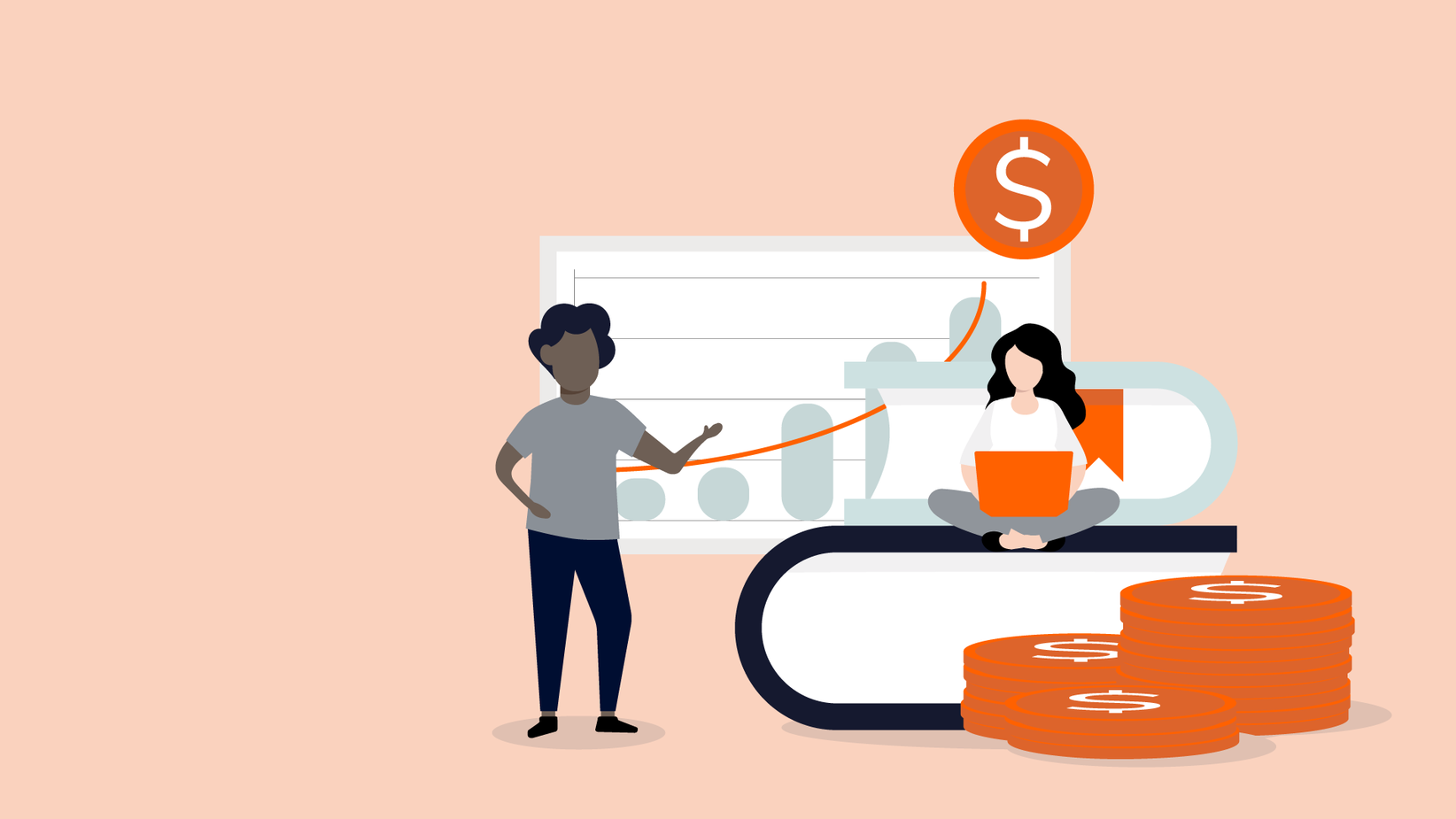 An illustration features a person standing in front of a rising graph with another person sitting on a book using a laptop. Nearby, there's a stack of coins and a large dollar sign hovering above, symbolizing financial growth and education.