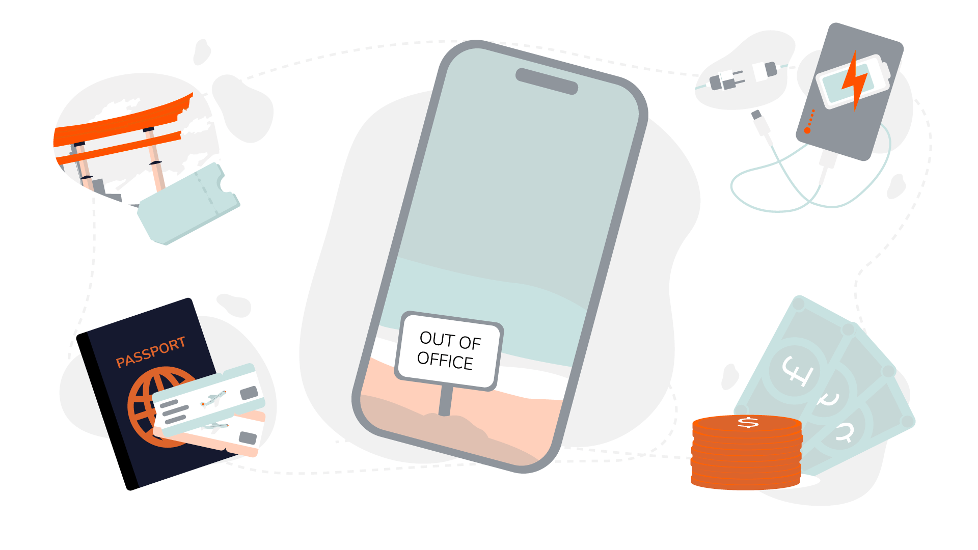 Illustration of a smartphone with "OUT OF OFFICE" displayed on the screen. Surrounding the smartphone are travel-related items: a shrine gate, boarding pass and passport, money, a pile of coins, and a power bank with a connecting cable.